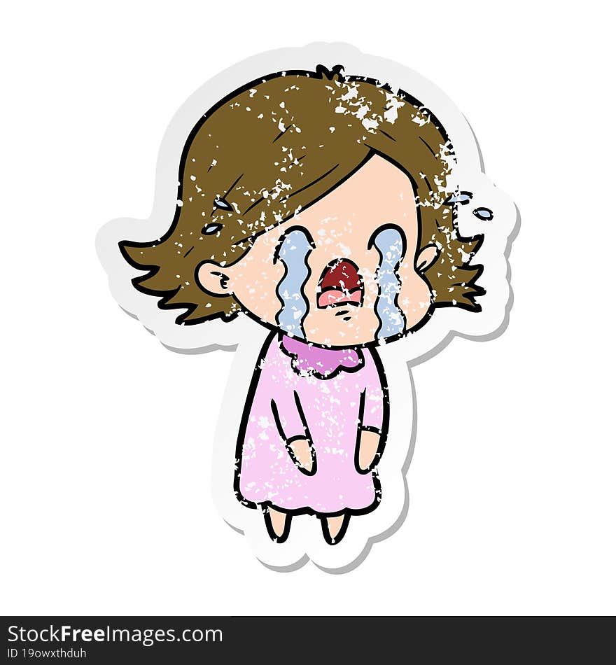 distressed sticker of a cartoon woman crying