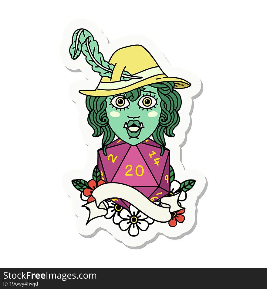 singing half orc bard character with natural twenty dice roll sticker