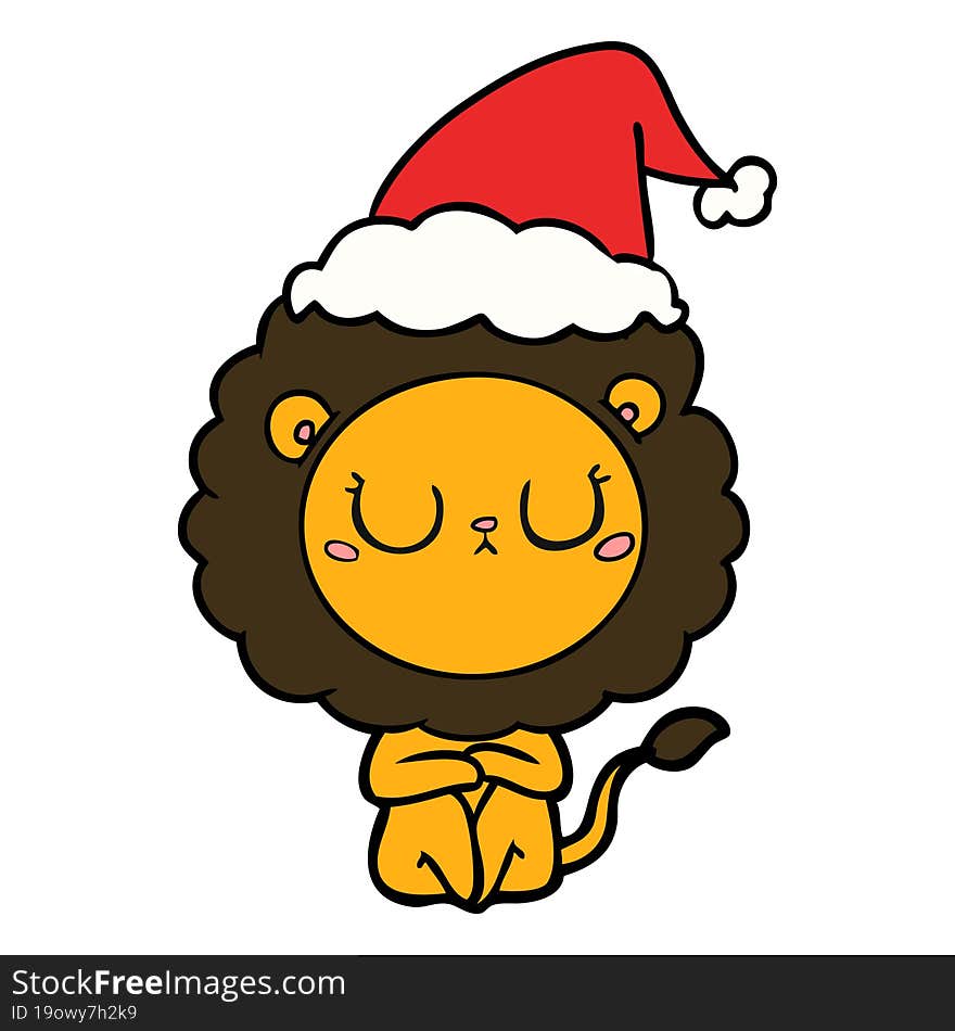 line drawing of a lion wearing santa hat