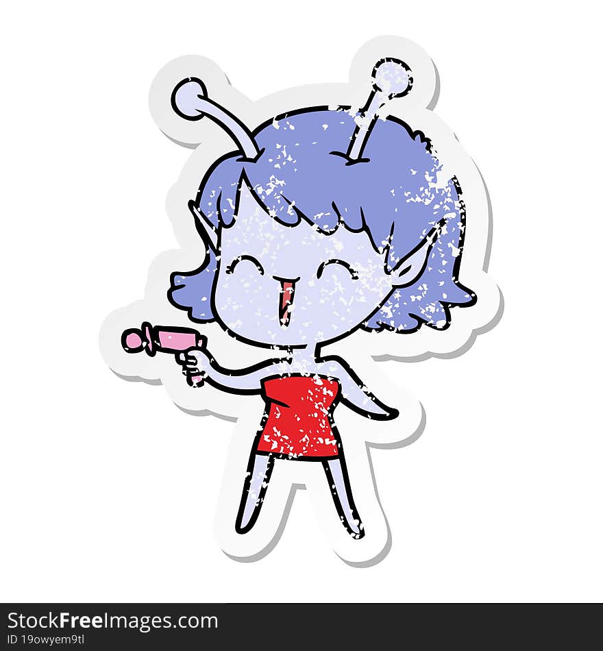 distressed sticker of a cartoon alien girl laughing