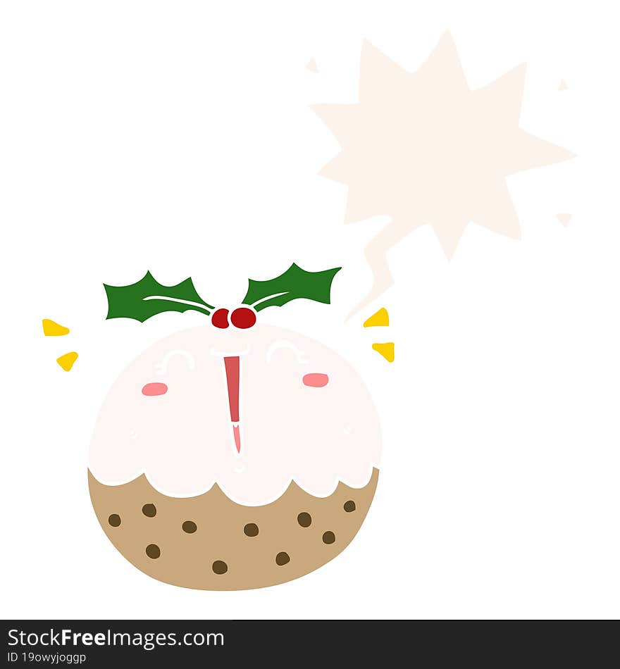 cute cartoon christmas pudding and speech bubble in retro style