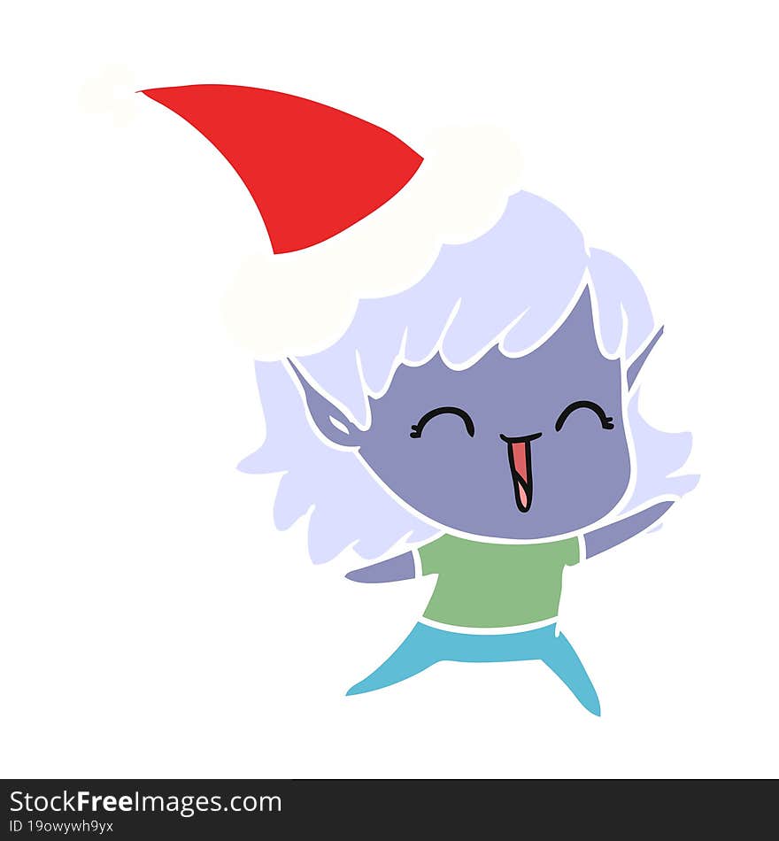 flat color illustration of a elf girl wearing santa hat