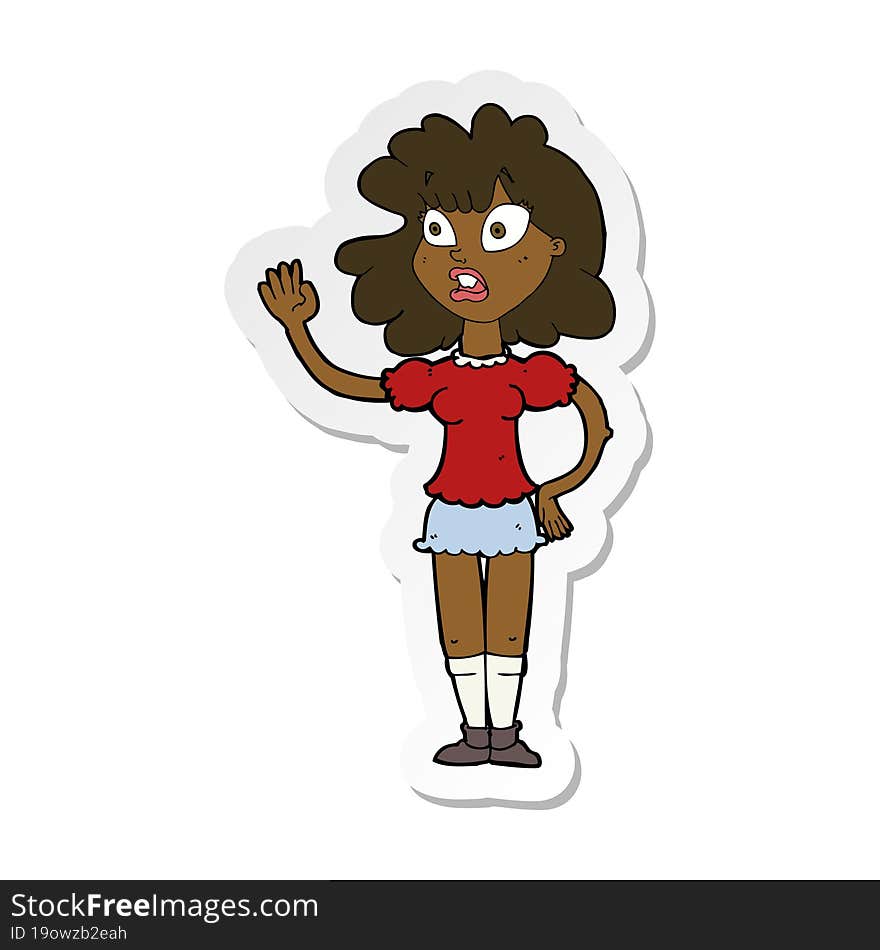 sticker of a cartoon worried woman waving