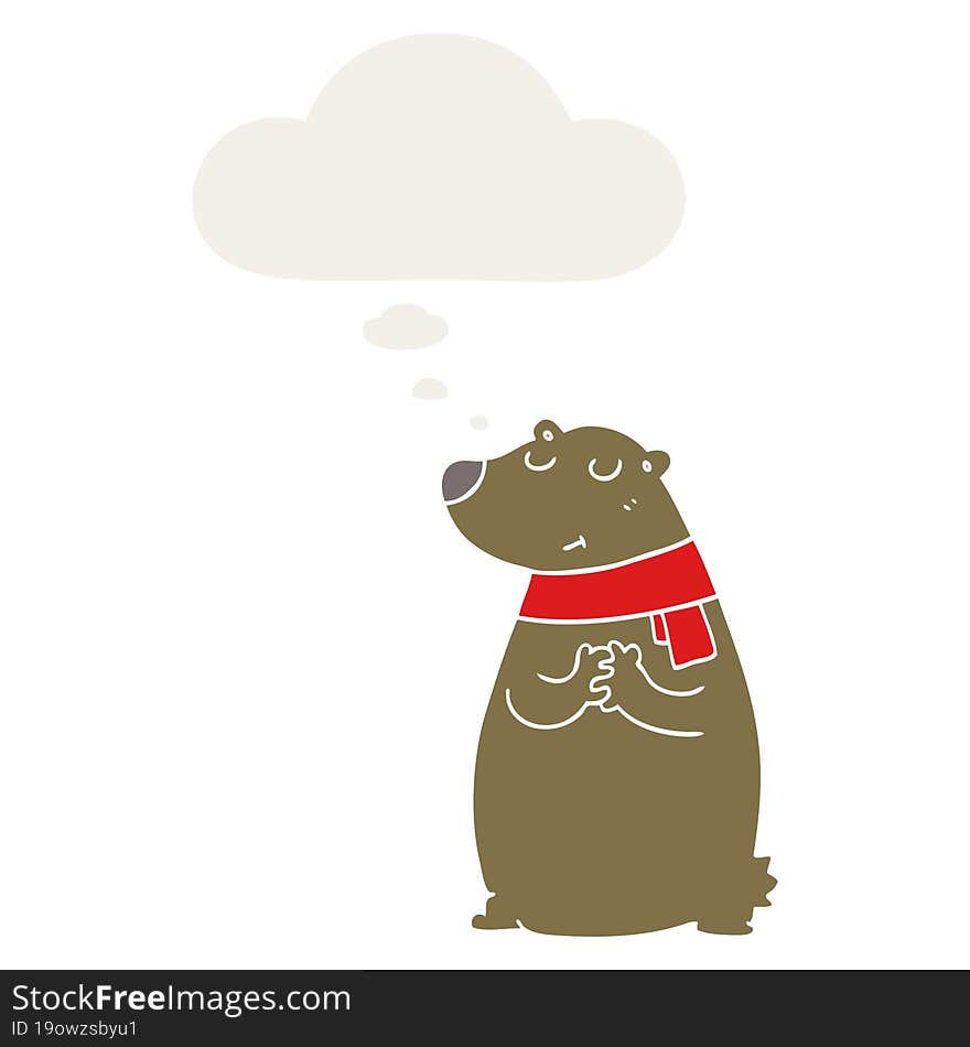 cartoon bear wearing scarf and thought bubble in retro style