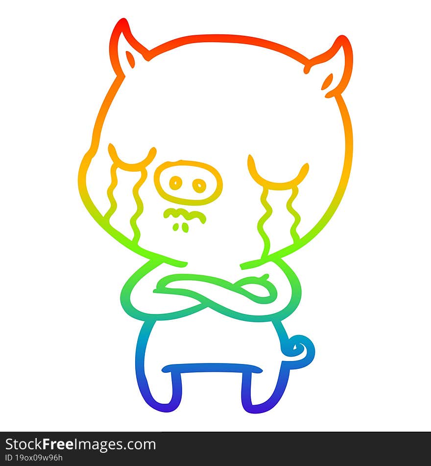 rainbow gradient line drawing of a cartoon pig crying