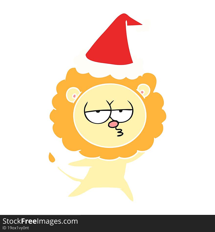 hand drawn flat color illustration of a bored lion wearing santa hat