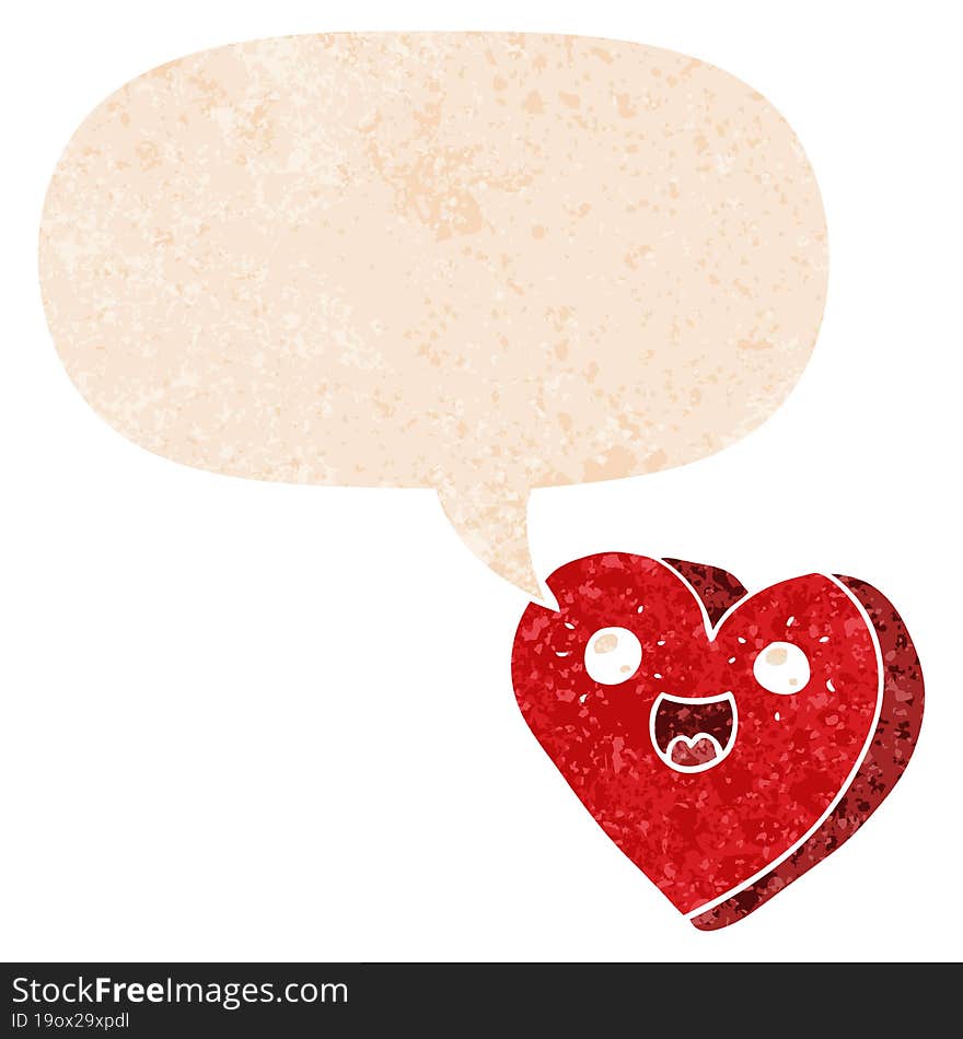 heart cartoon character with speech bubble in grunge distressed retro textured style. heart cartoon character with speech bubble in grunge distressed retro textured style