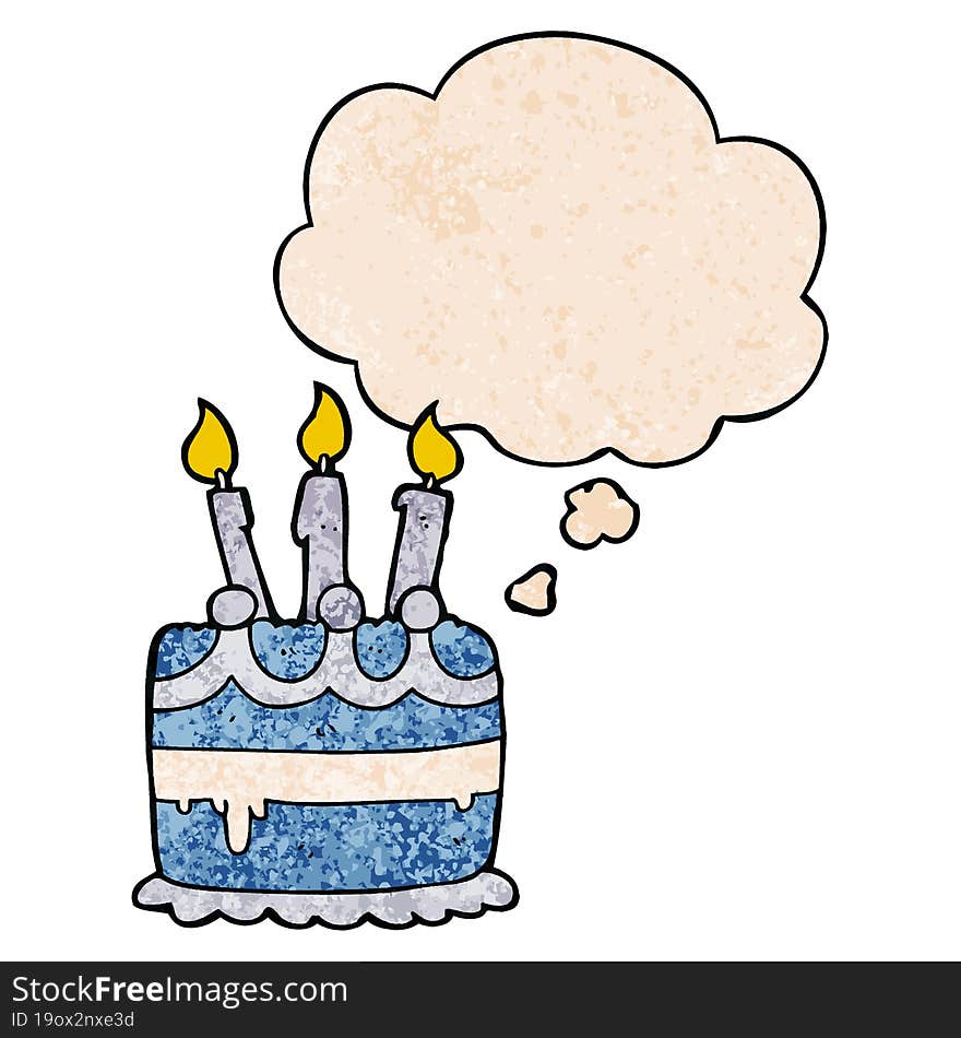 cartoon birthday cake and thought bubble in grunge texture pattern style