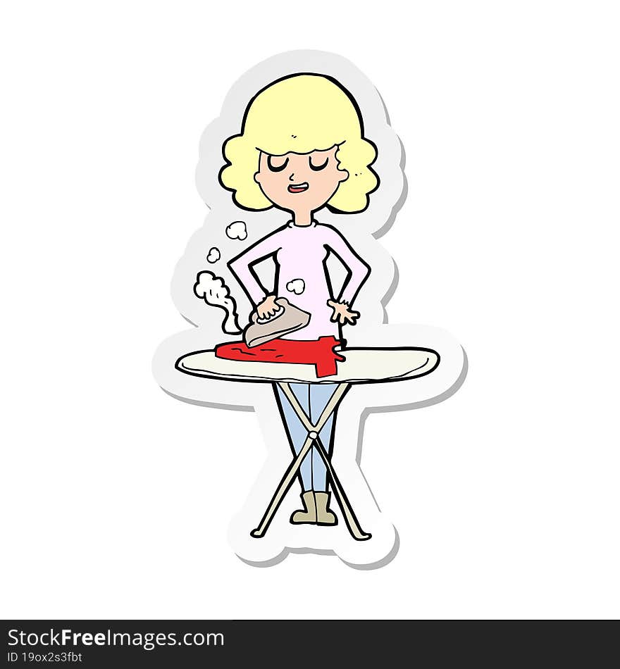 Sticker Of A Cartoon Woman Ironing