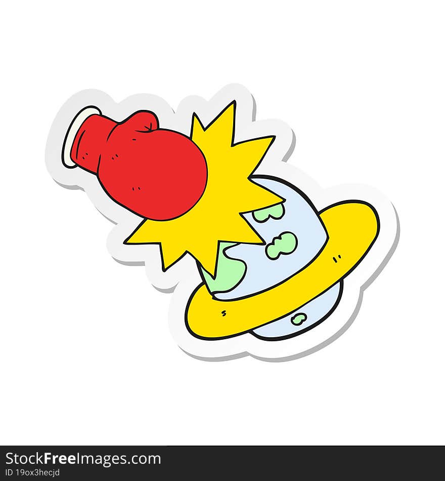 sticker of a cartoon planet taking a punch