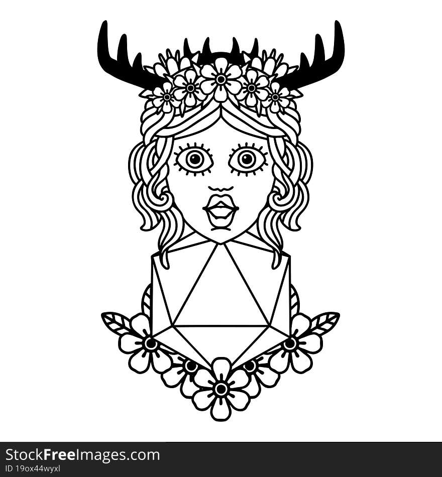 Black and White Tattoo linework Style human druid with natural twenty dice roll. Black and White Tattoo linework Style human druid with natural twenty dice roll