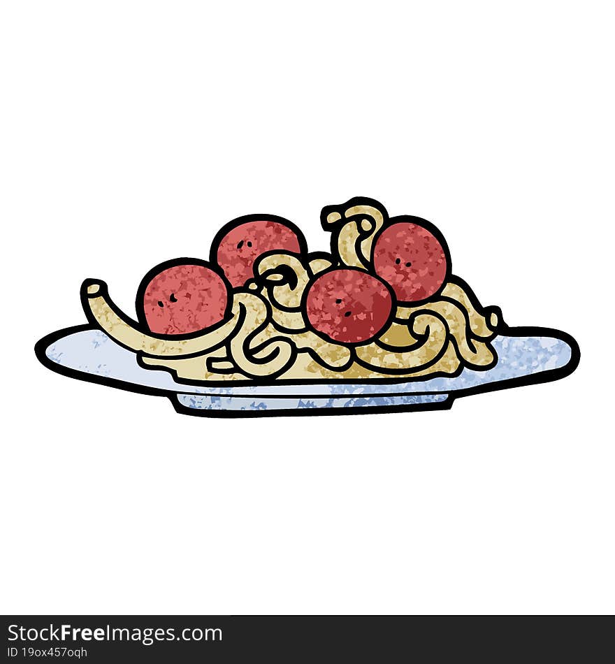 grunge textured illustration cartoon spaghetti and meatballs