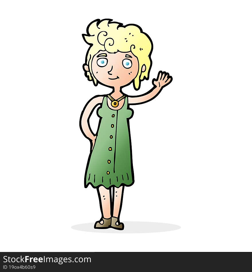 cartoon hippie woman waving