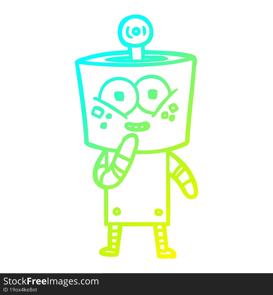 cold gradient line drawing of a happy cartoon robot giggling