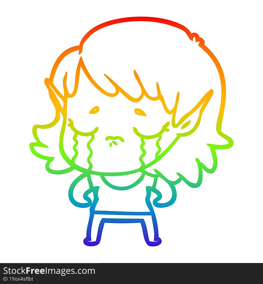 rainbow gradient line drawing cartoon crying elf girl