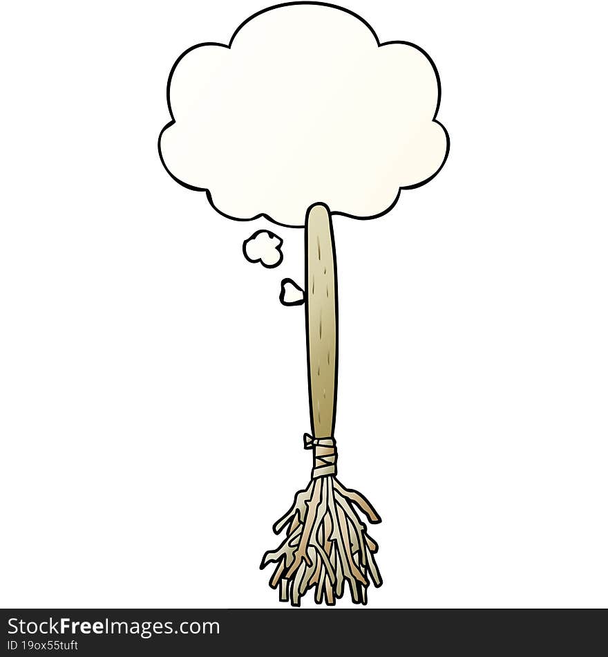 cartoon magic broom and thought bubble in smooth gradient style