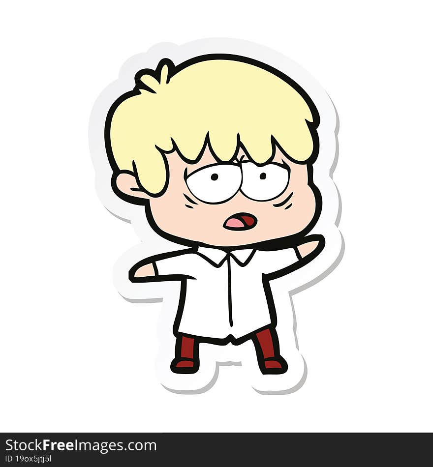 sticker of a cartoon exhausted boy