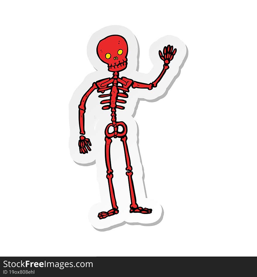 sticker of a cartoon waving skeleton