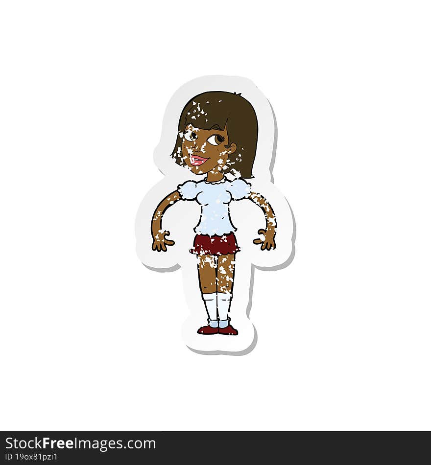 retro distressed sticker of a cartoon woman shrugging shoulders