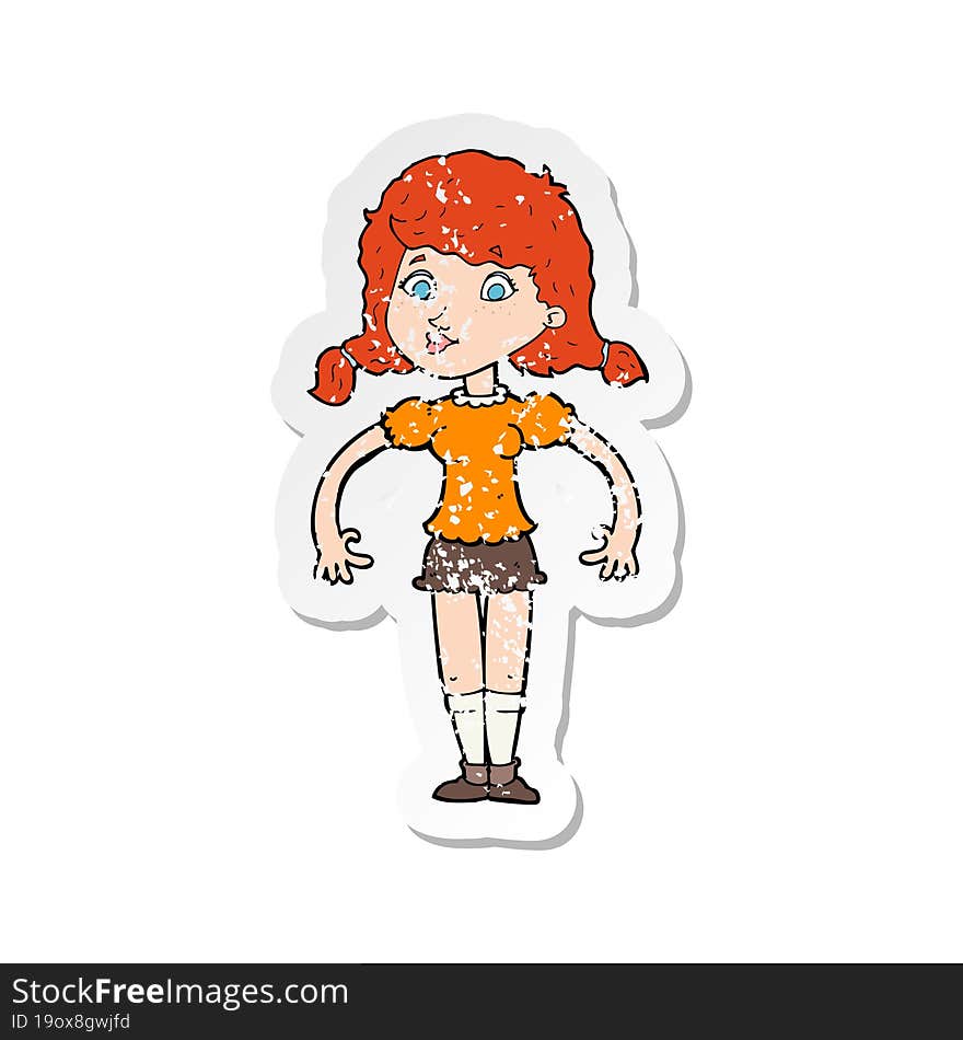 retro distressed sticker of a cartoon pretty girl