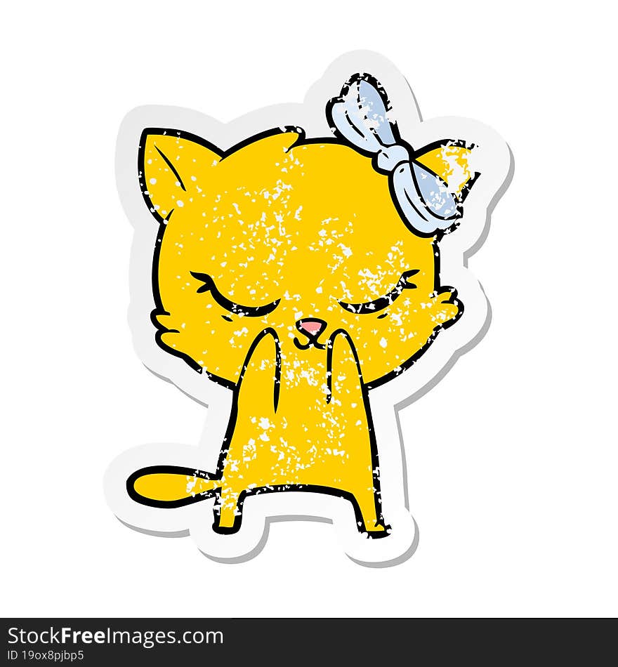 distressed sticker of a cute cartoon cat with bow