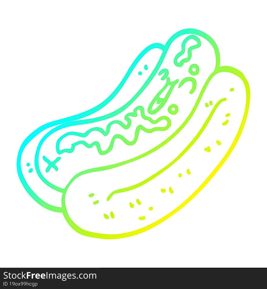 cold gradient line drawing cartoon hotdog with mustard