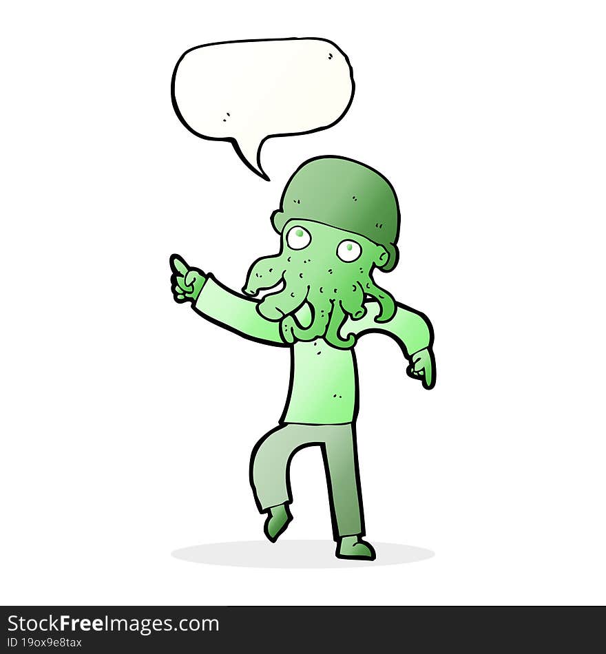 cartoon alien man dancing with speech bubble