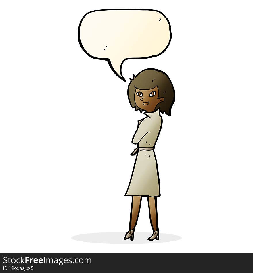 cartoon woman in trench coat with speech bubble