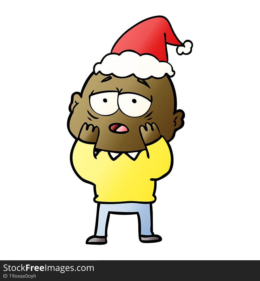 gradient cartoon of a tired bald man wearing santa hat