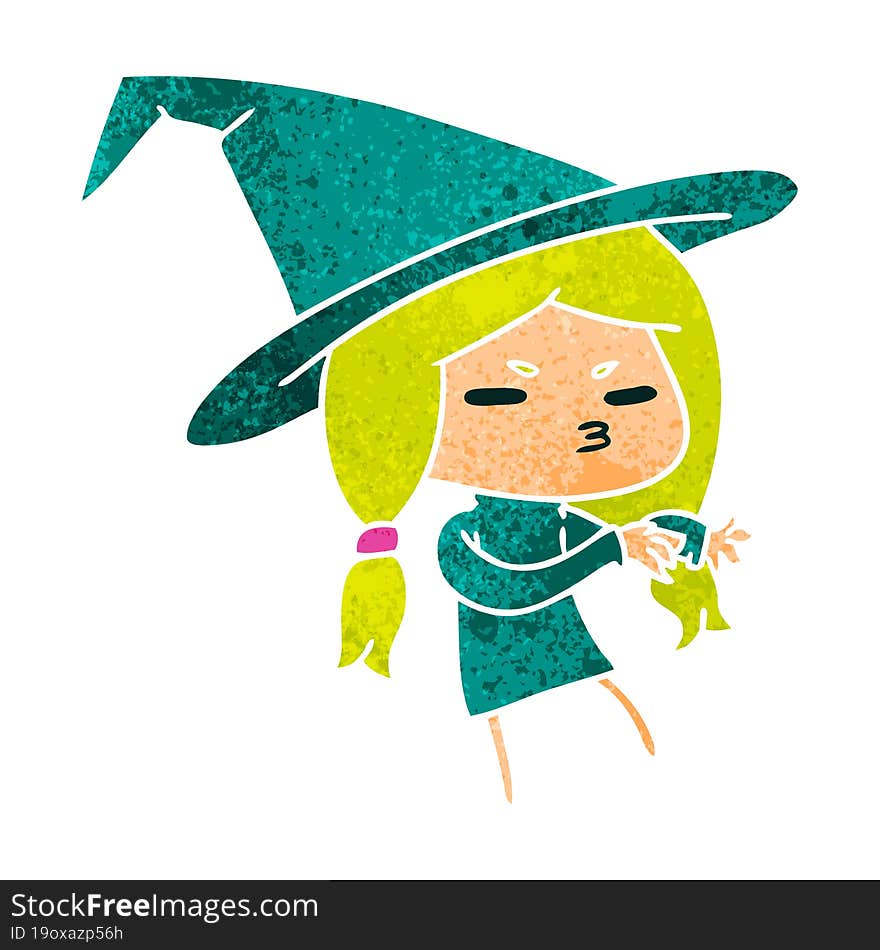 retro cartoon of a cute witch kawaii girl