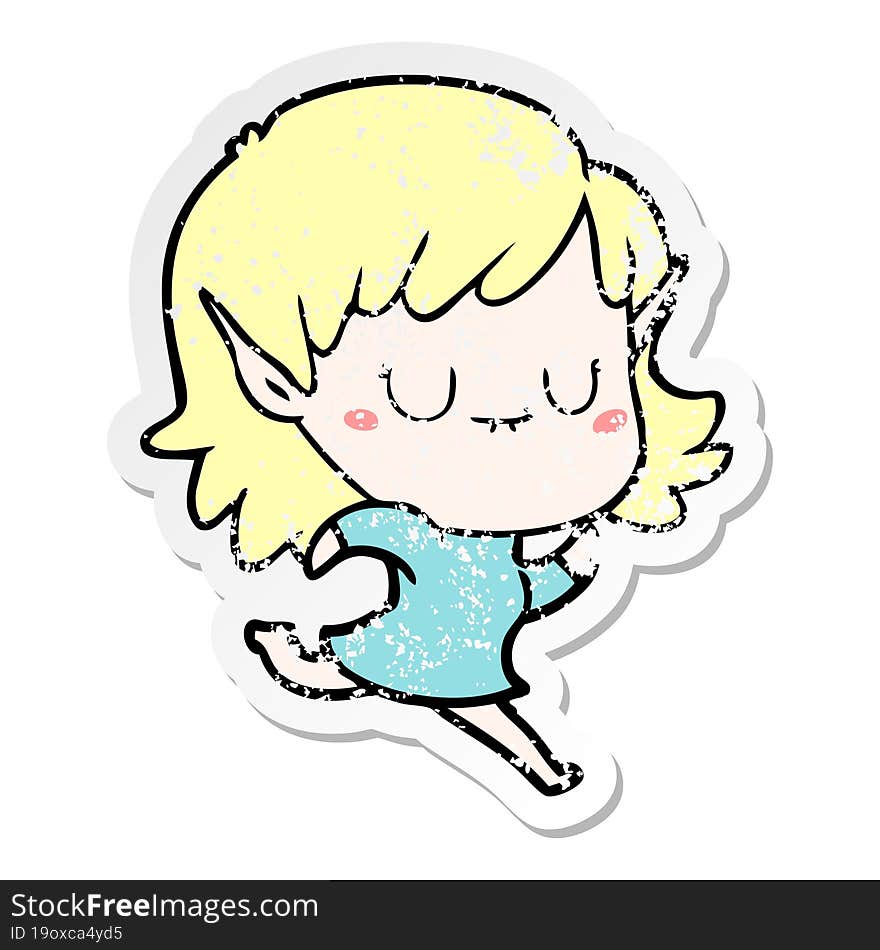 distressed sticker of a happy cartoon elf girl running