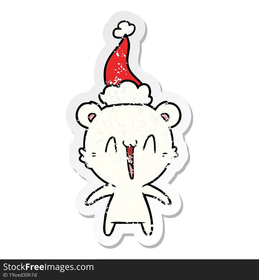 happy polar bear distressed sticker cartoon of a wearing santa hat