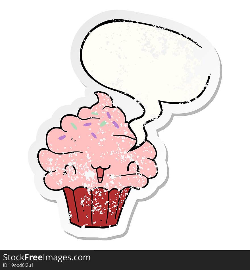 Cute Cartoon Frosted Cupcake And Speech Bubble Distressed Sticker