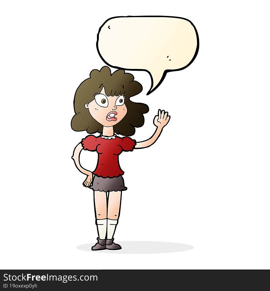 Cartoon Worried Woman Waving With Speech Bubble