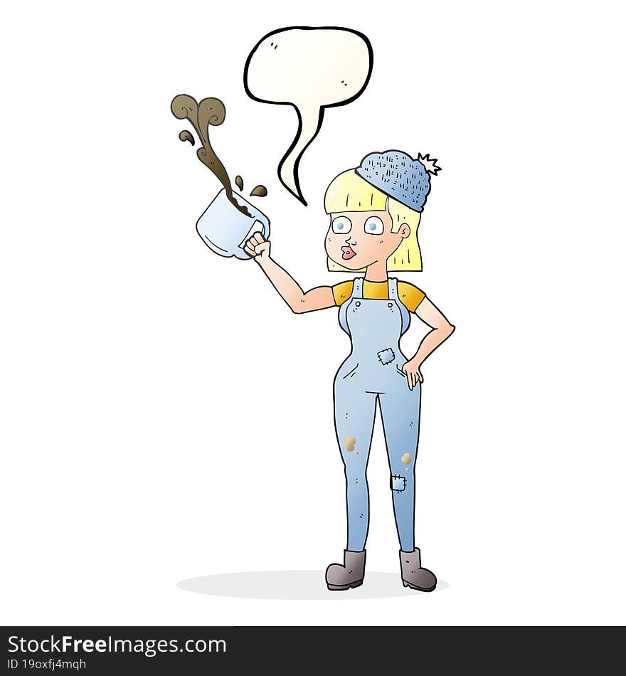 freehand drawn speech bubble cartoon female worker with coffee mug