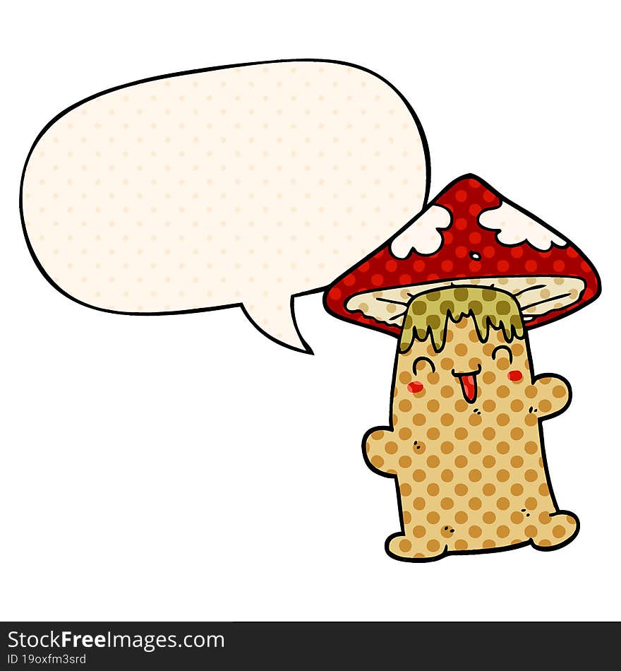 cartoon mushroom character and speech bubble in comic book style