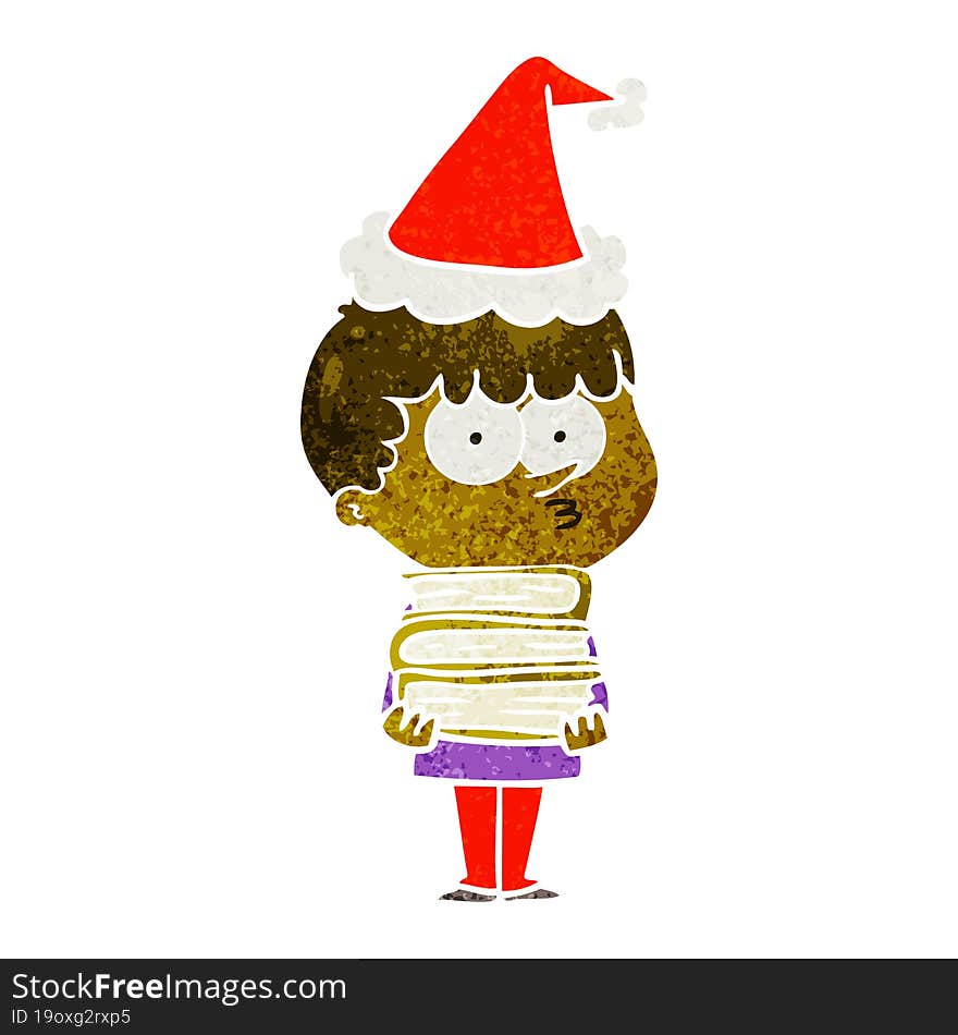 Retro Cartoon Of A Curious Boy With Lots Of Books Wearing Santa Hat