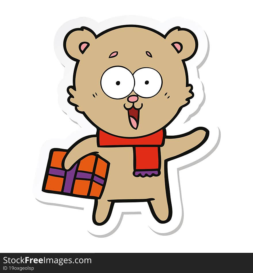 Sticker Of A Laughing Teddy  Bear With Christmas Present