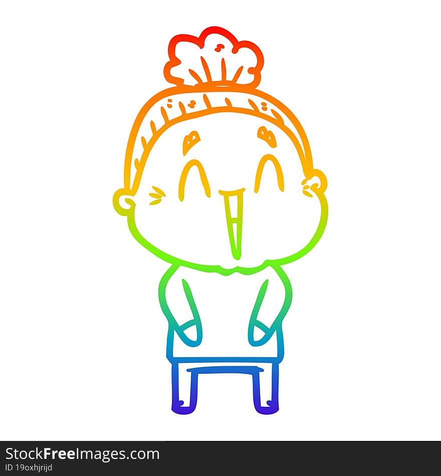 rainbow gradient line drawing of a cartoon happy old lady