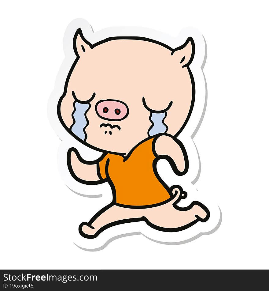 Sticker Of A Cartoon Pig Crying Running Away