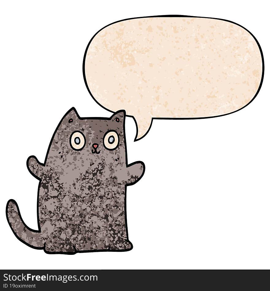 cartoon cat and speech bubble in retro texture style