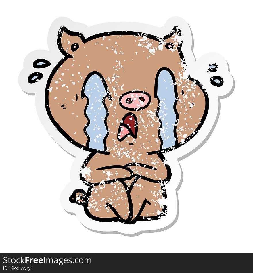 distressed sticker of a crying pig cartoon