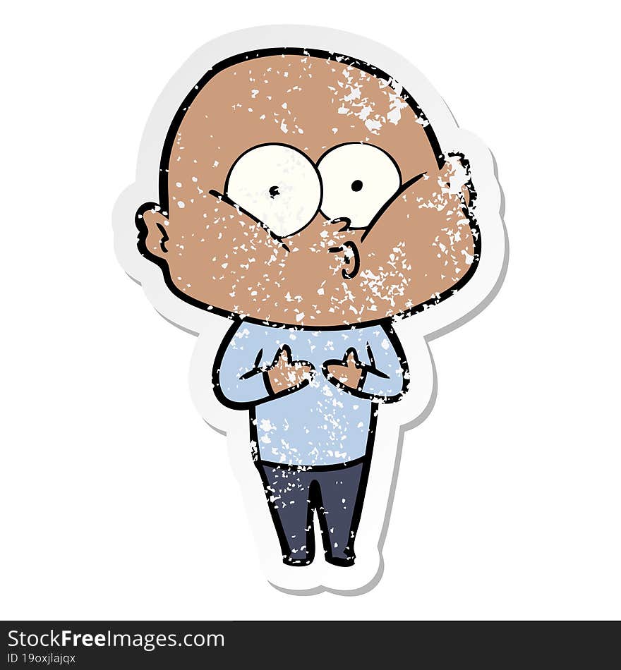 distressed sticker of a cartoon bald man staring