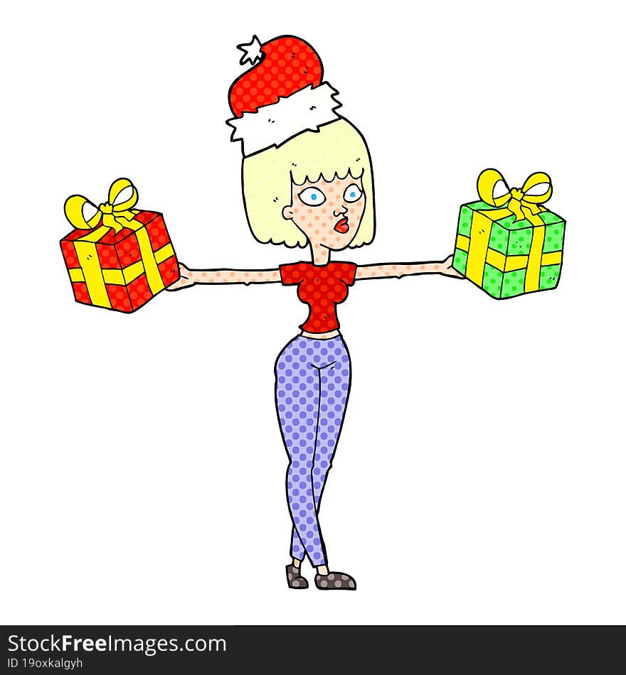 cartoon woman with xmas presents