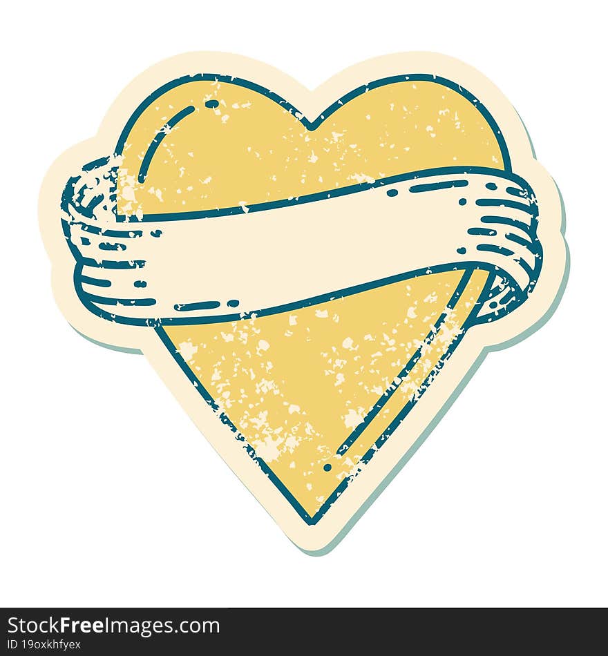 Distressed Sticker Tattoo Style Icon Of A Heart And Banner