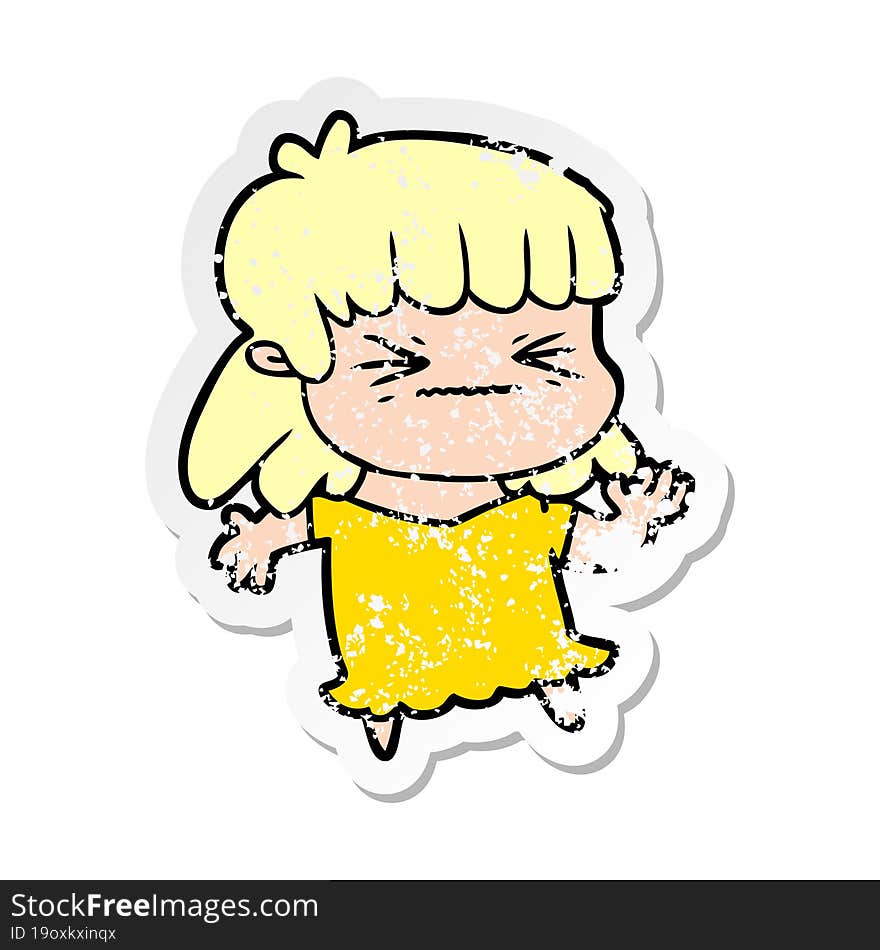 distressed sticker of a cartoon angry girl