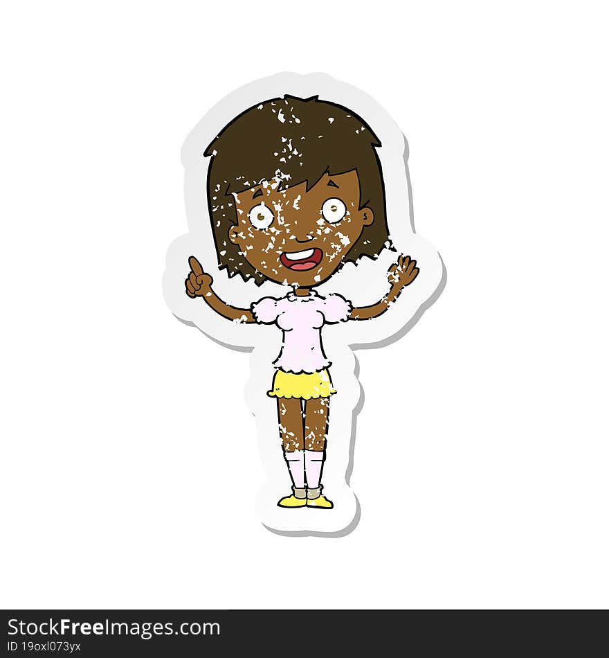 retro distressed sticker of a cartoon woman pointing