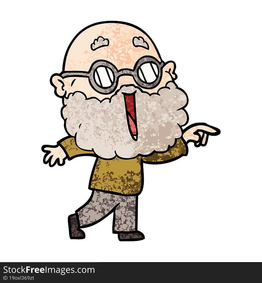 cartoon joyful man with beard pointing finger. cartoon joyful man with beard pointing finger