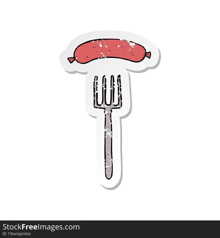 Retro Distressed Sticker Of A Cartoon Fork And Sausage