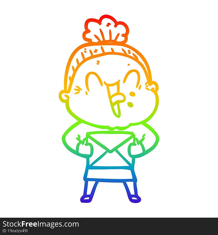 rainbow gradient line drawing of a cartoon happy old woman